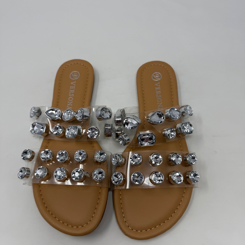 Versona‎ Women Clear Crystal Embellished Double Strap Slide Sandals Tan Size 7